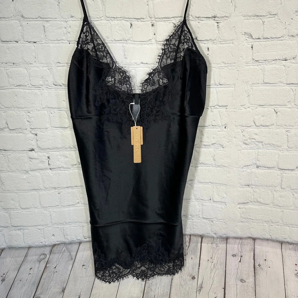 NEW SKIMS Silk Lace Mini Slip Dress Onyx Black LG-SLI-11176W Womens Small NWT